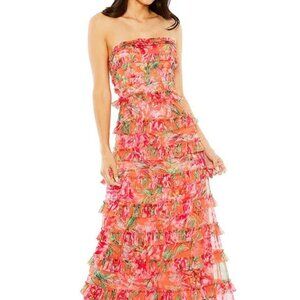 Mac Duggal Chiffon Floral Print Strapless Neck Sleeveless Ruffle Tiered Dress